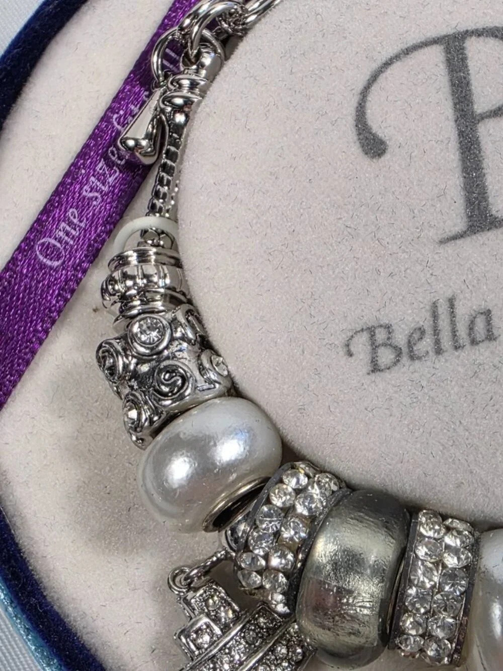 Bella Perlina Silver-Tone Charm Bracelet White Pearl Beads Crystal Accents NEW